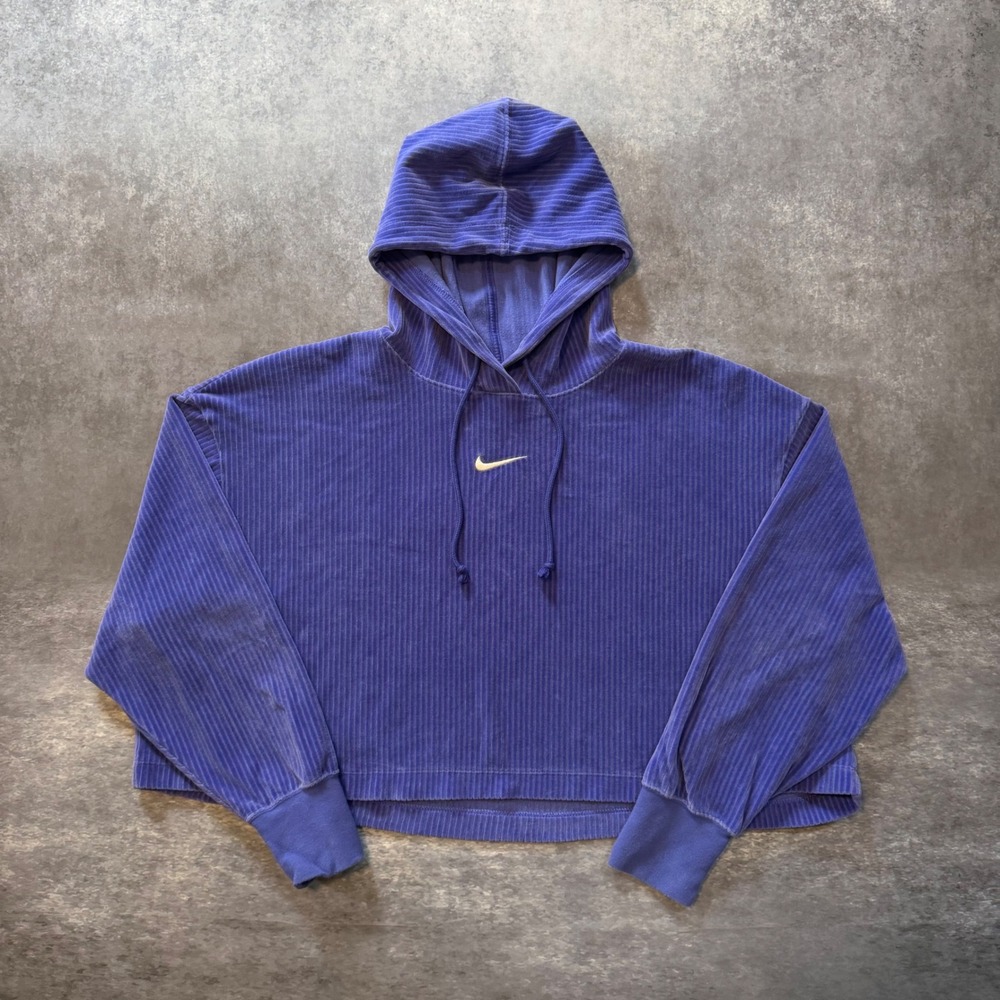 Nike Ribbed Velour Cropped Hoodie Womens Large Purple Center Swoosh Pullover Y2K